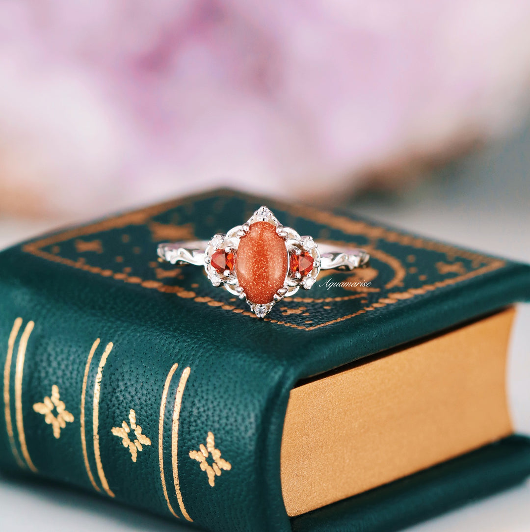 Esme Red Sandstone & Orange Sapphire Ring- 925 Sterling Silver