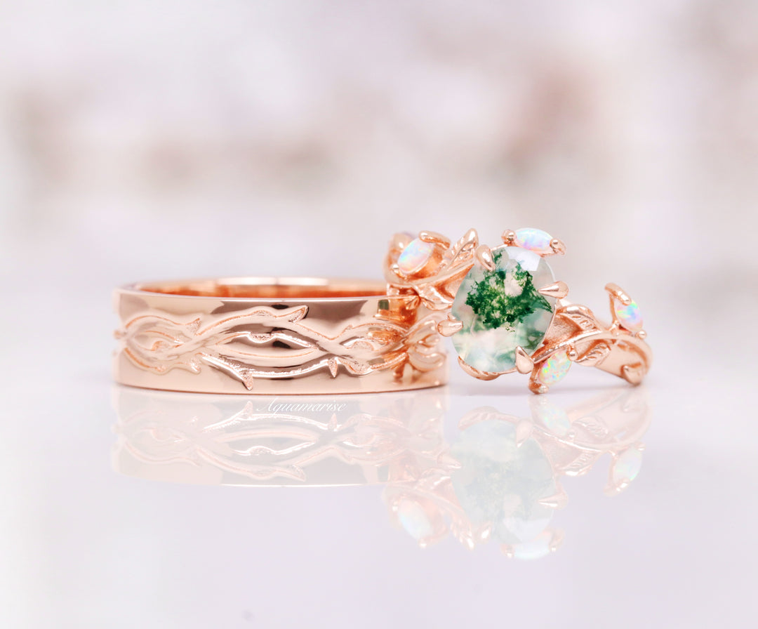 Green Moss Agate & Opal Leaf Ring- 14K Solid Rose Gold