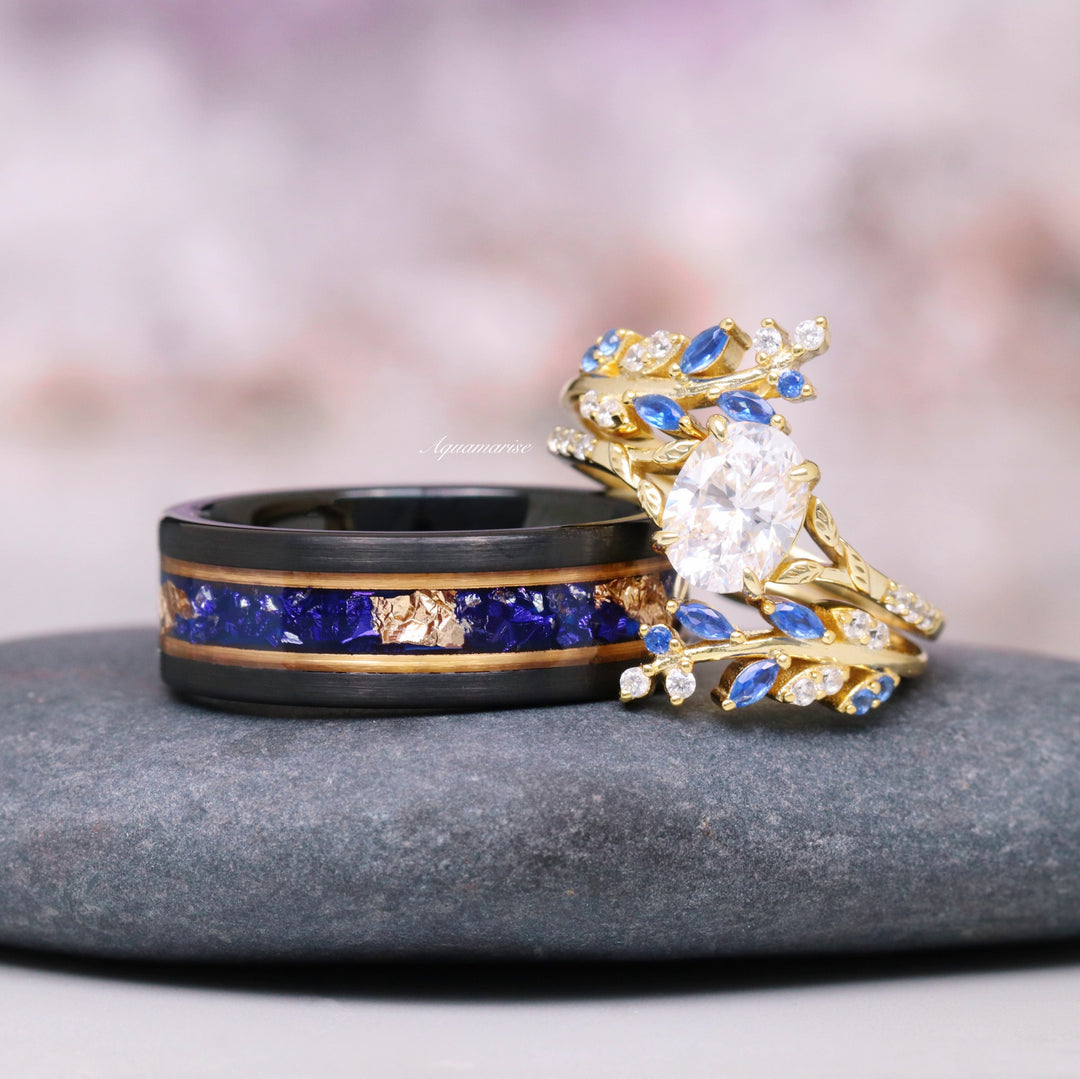 Blue Sapphire & Diamond (cz) Engagement Ring Set- 14K Yellow Gold Vermeil