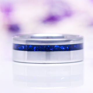 8mm tungsten ring with crushed sapphire inlay 