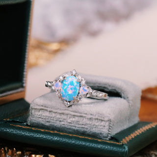 Blue Fire Opal & Opalescent Sapphire Leaf Engagement Ring in Sterling Silver