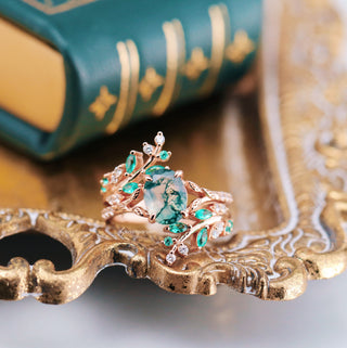 Moss Agate & Emerald Fairy Leaf Ring in 14K Rose Gold Vermeil