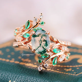 Moss Agate & Emerald Fairy Leaf Ring in 14K Rose Gold Vermeil