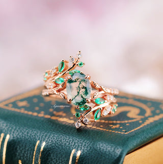 Green Fire Opal & Moss Agate Leaf Couples Ring Set