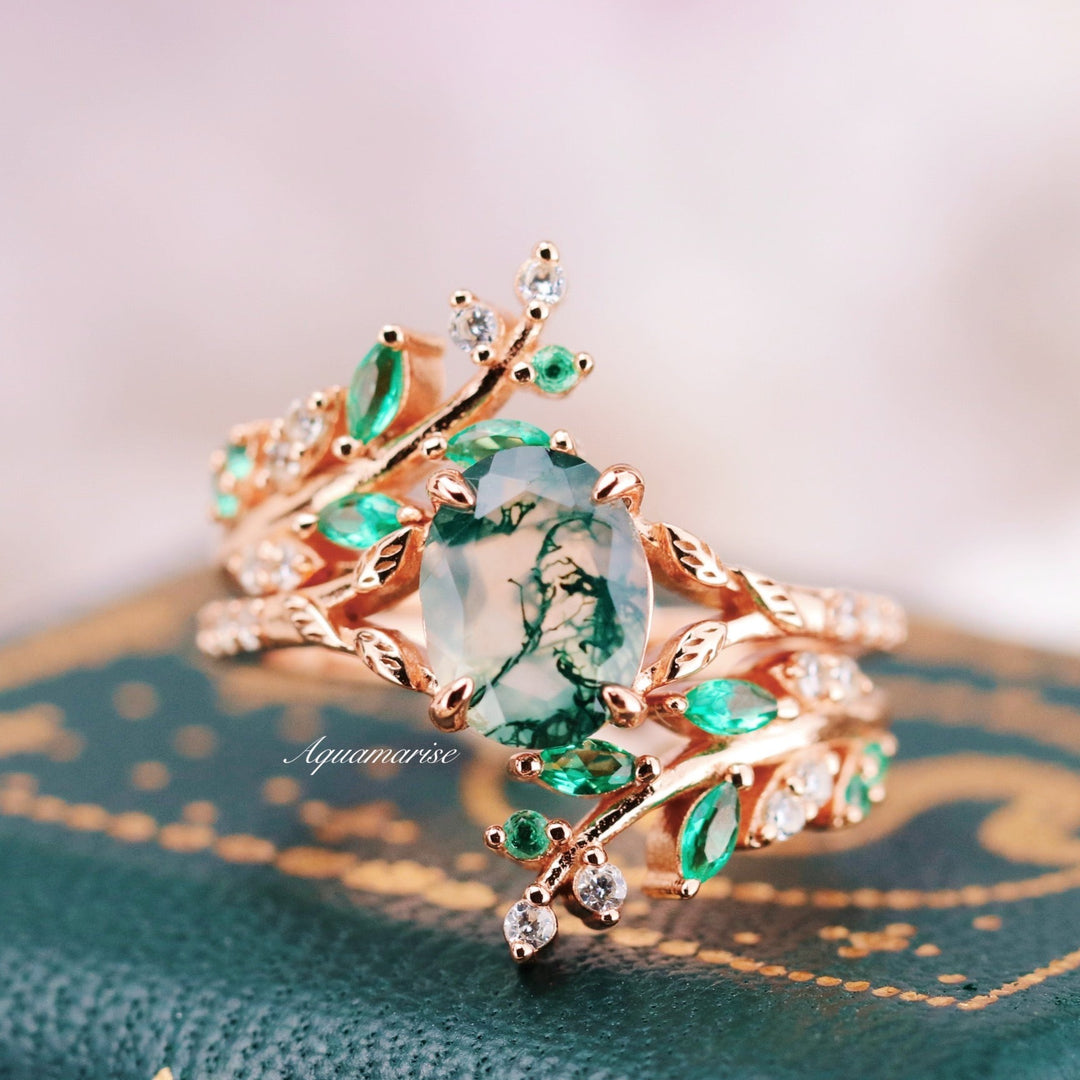 Green Moss Agate & Emerald Leaf Engagement Ring Set- 14K/ 18K Solid Rose Gold