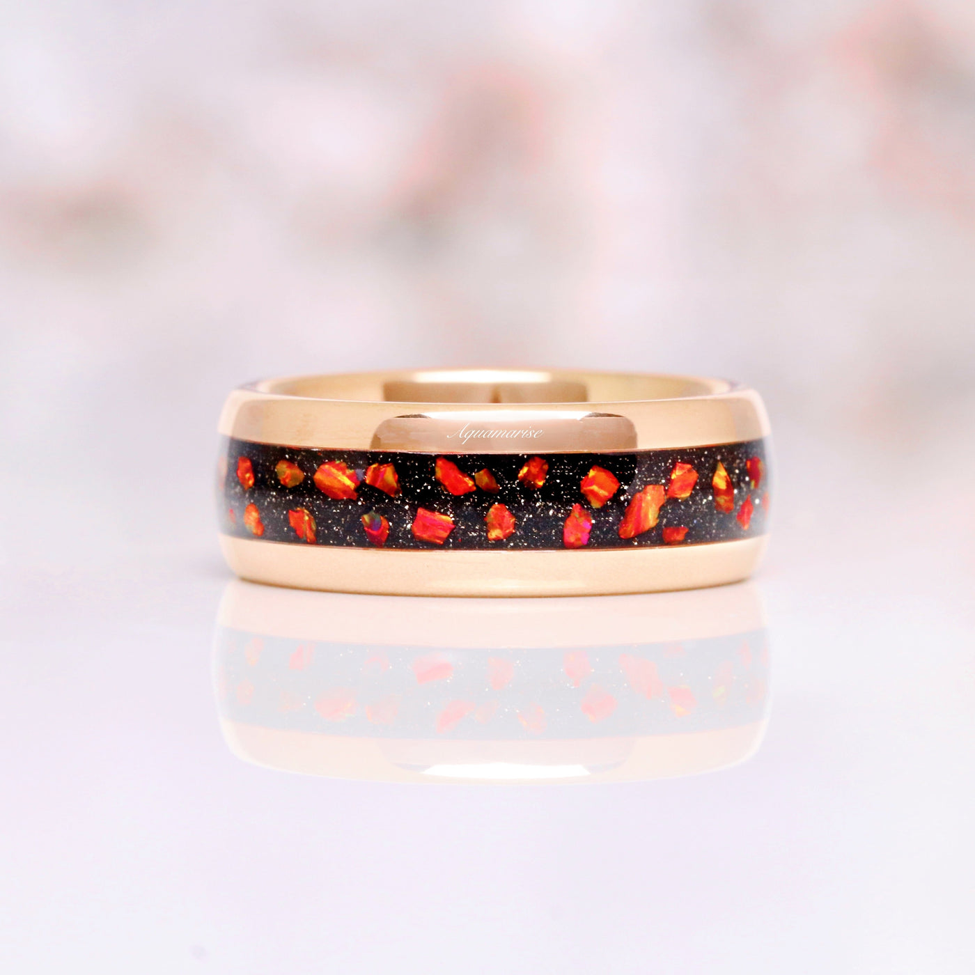 Red Fire Opal & Galaxy Sandstone Men's Wedding Band- Crushed Red Nebula 8mm Rose Gold Tungsten Wedding Ring Outer Space Unique Gift For Him
