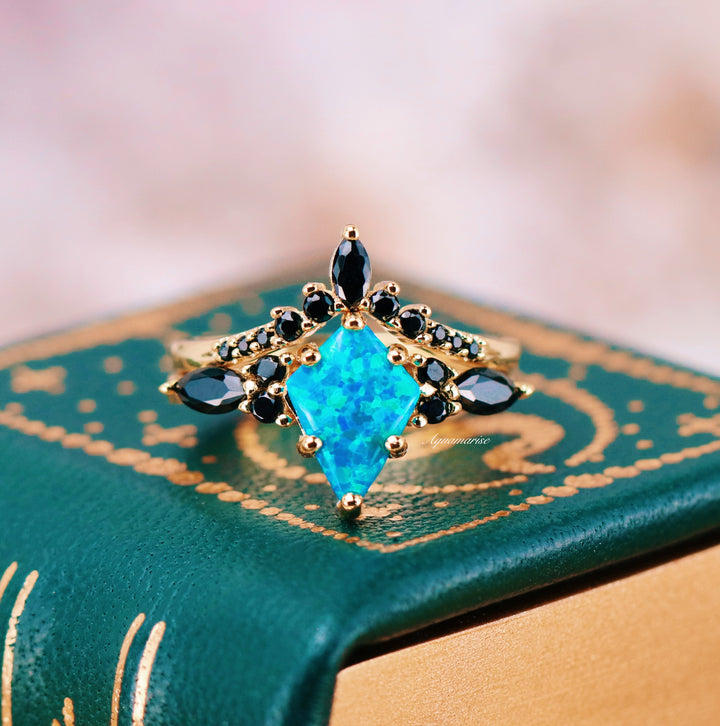 Skye Kite™  Blue Fire Opal & Black Onyx Ring Set- 14K Yellow Gold Vermeil