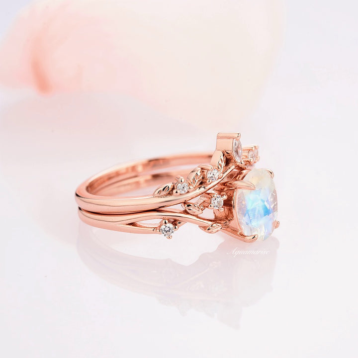 Natural Moonstone Fairy Engagement Ring Set- 14K Rose Gold Vermeil