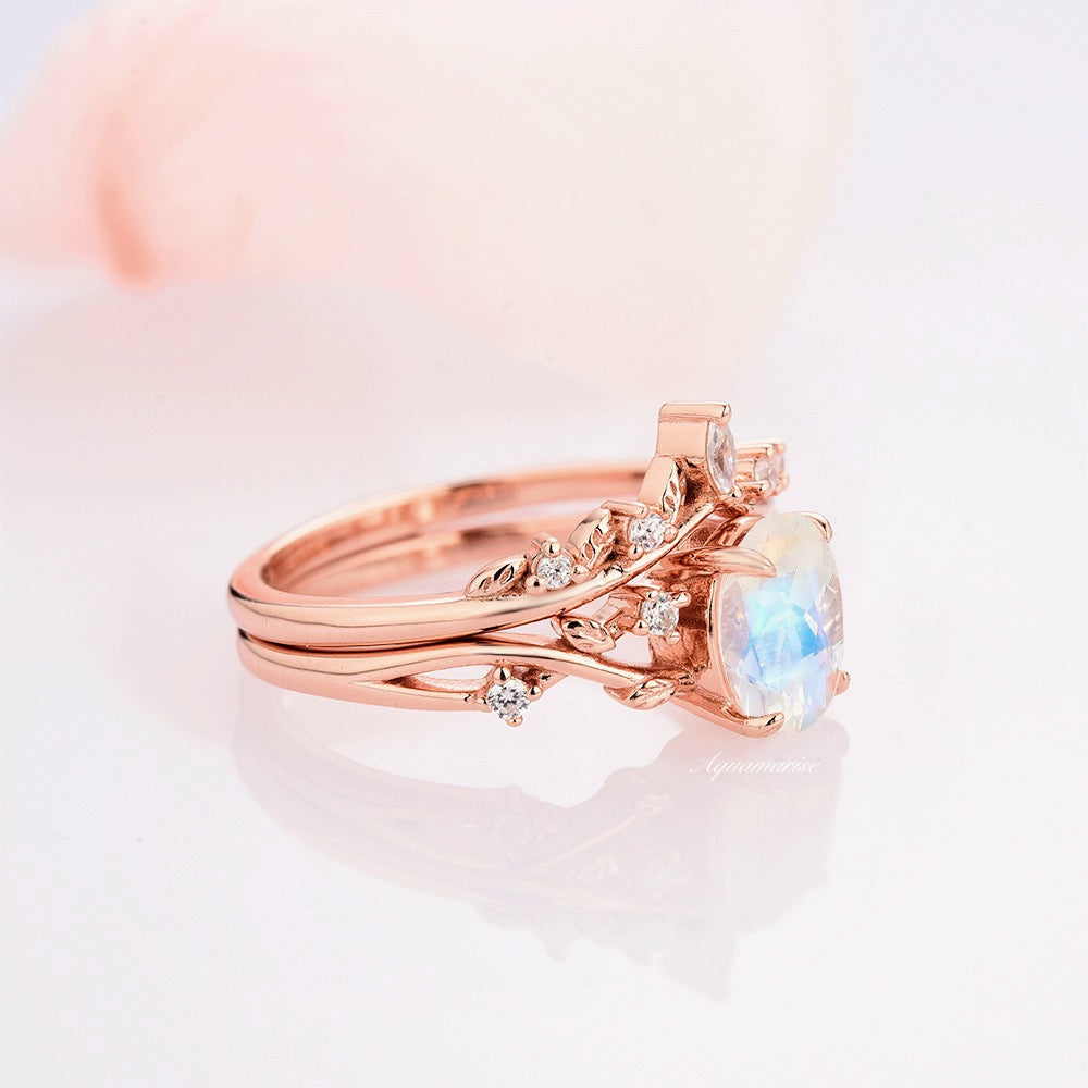 Natural Moonstone Engagement Ring Set For Women 14K Rose Gold Vermeil Unique Bridal Leaf Wedding Ring Anniversary Birthday Gift For Her
