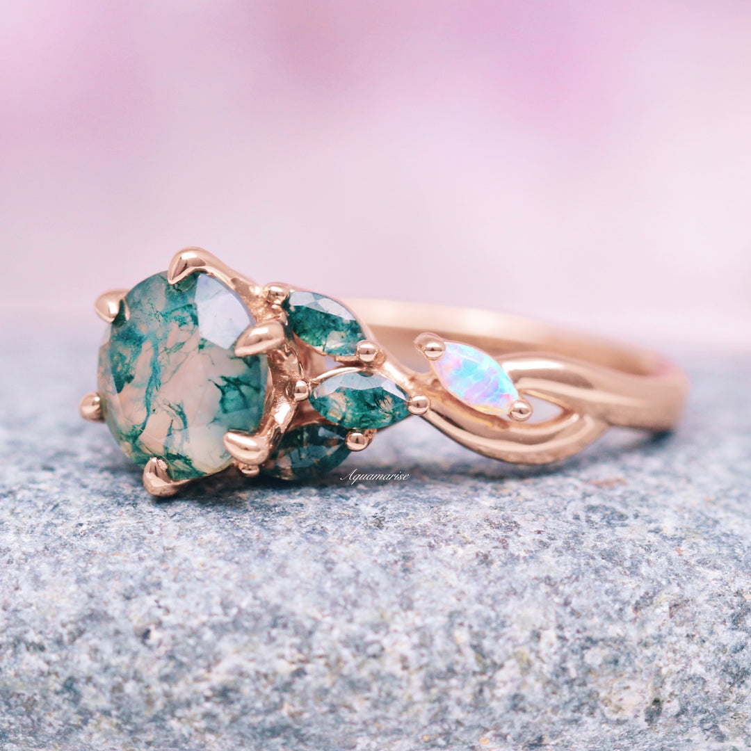 Enchanted Garden Green Moss Agate & Fire Opal Ring- 14K Solid Rose Gold