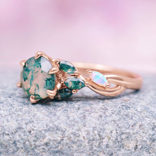 Enchanted Garden Green Moss Agate & Fire Opal Ring- 14K Rose Gold Vermeil