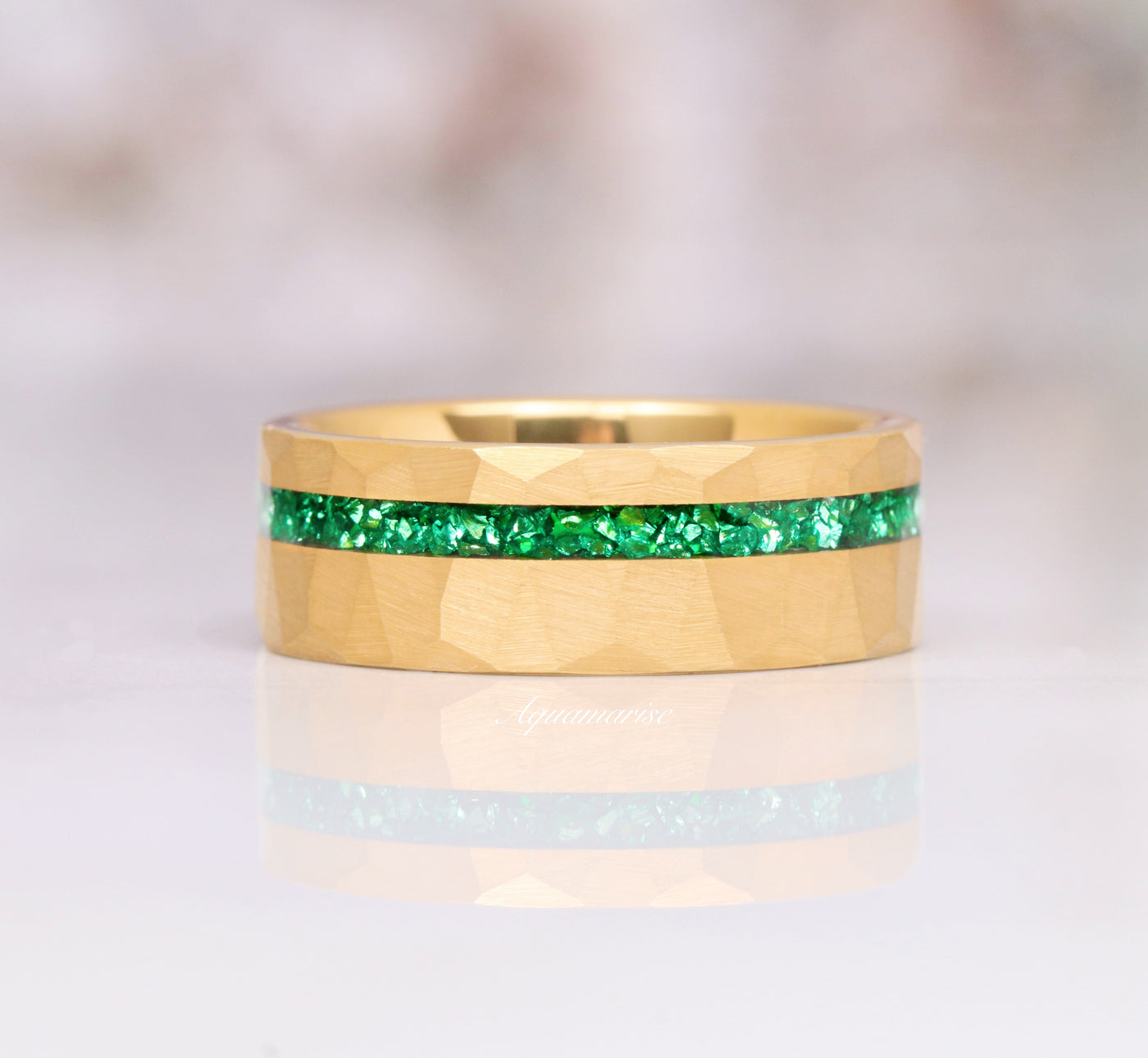 Crushed Emerald Gold Ring- 8mm Tungsten Men's Emerald Wedding Band- Green Emerald Tungsten Hammered- Brushed- Flat Comfort Fit- Gift for Him