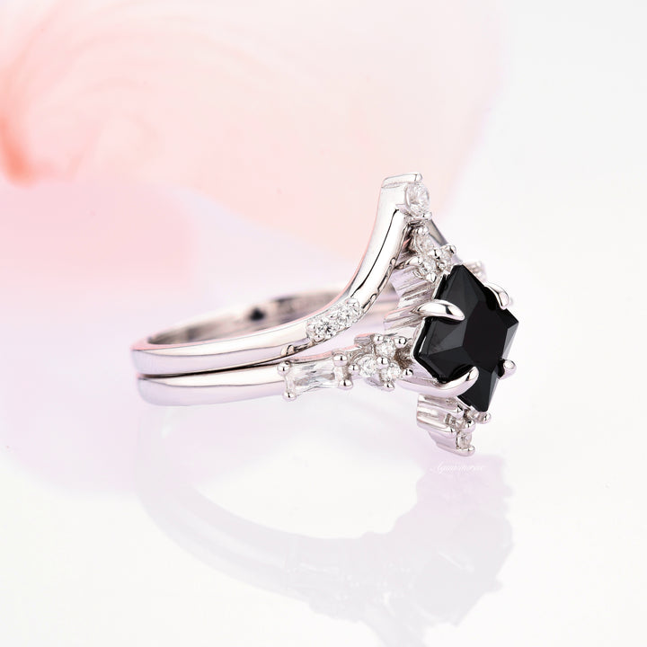 Princess Cut Black Onyx Engagement Ring Set- 14K/18K White Gold