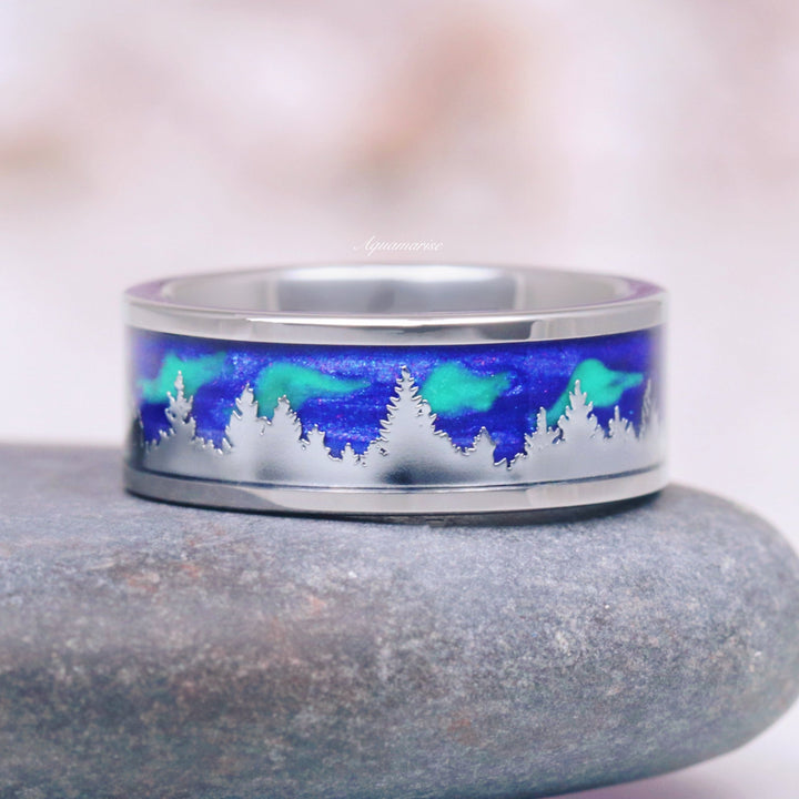 Aurora Borealis Wedding Band- Northern Lights & Trees 8MM Tungsten