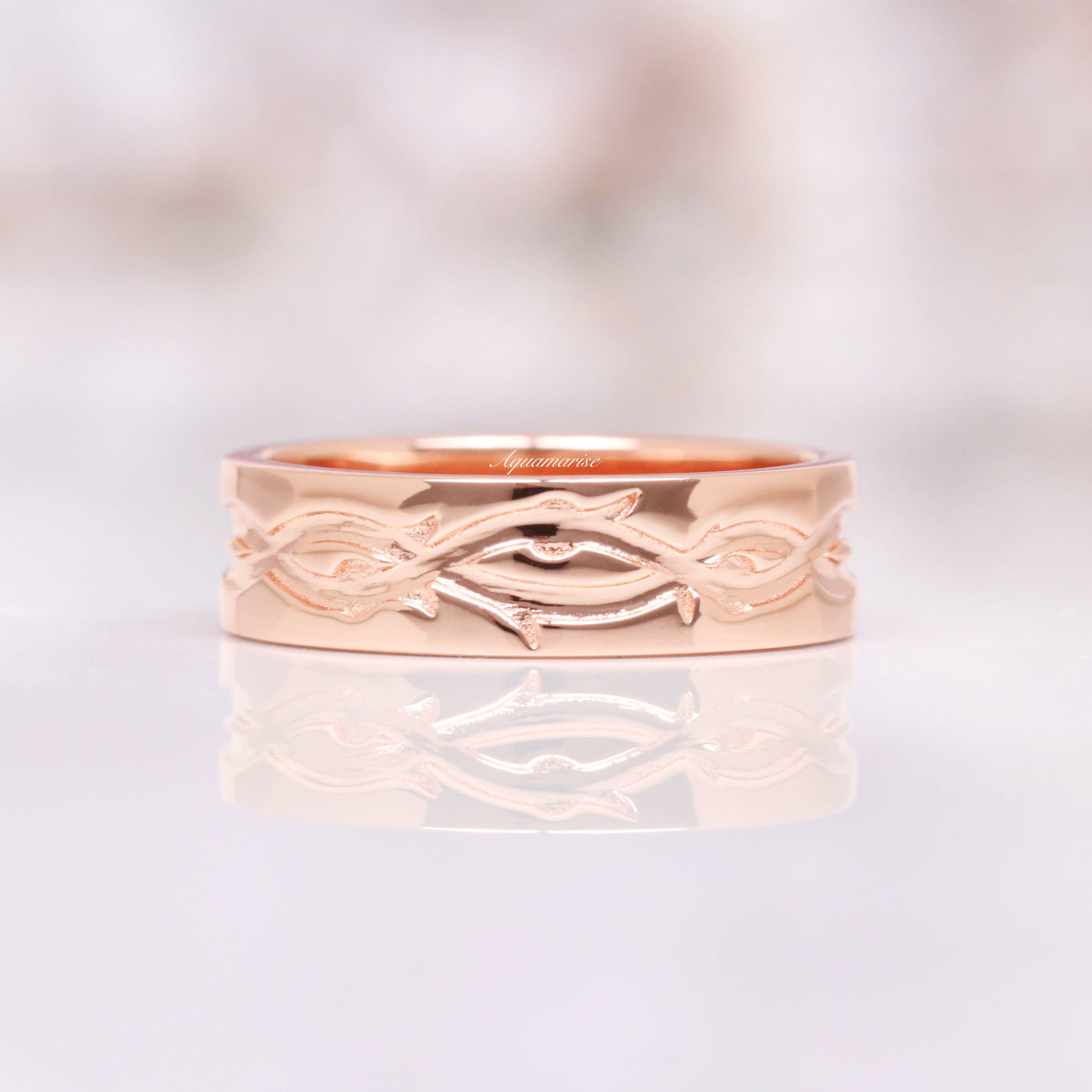 Flat Rose Gold Leaf Mens Wedding Band- 6MM 14K Rose Gold Vermeil Ring- Simple Polished Mens Ring- Unique Nature Ring for Him- Ring Engraving