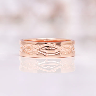 Flat Rose Gold Leaf Mens Wedding Band- 6MM 14K Rose Gold Vermeil Ring- Simple Polished Mens Ring- Unique Nature Ring for Him- Ring Engraving