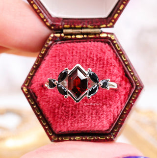 Hexagon Natural Red Garnet & Black Onyx Engagement Ring in 14K White Gold