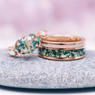 Enchanted Garden Green Moss Agate & Fire Opal Ring- 14K Rose Gold Vermeil