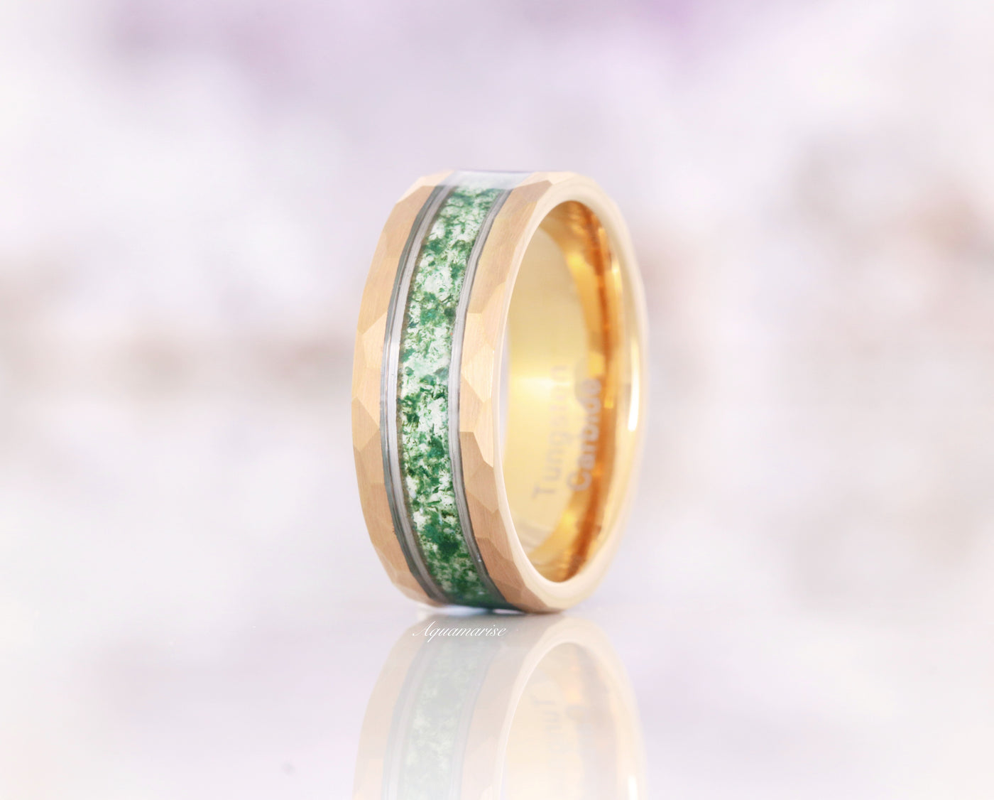 Green Moss Agate Wedding Band- Rose Gold Hammered Tungsten Ring- 8mm Man Ring- Comfort Fit Dome Polish- Birthday Anniversary Gift For Him