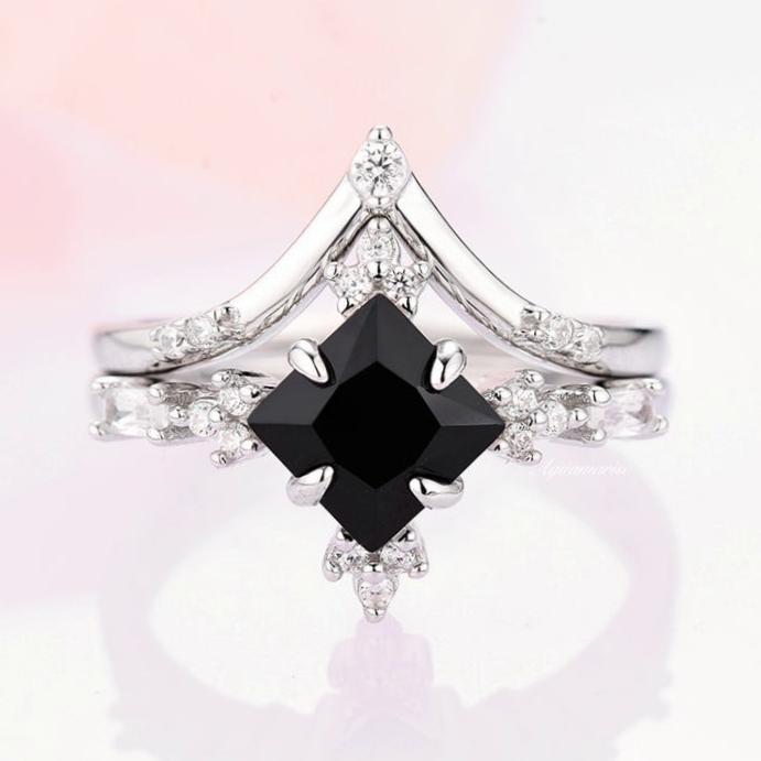 Princess Cut Black Onyx Engagement Ring Set- 14K/18K White Gold