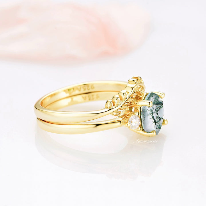 Natural Moss Agate Fairy Leaf Ring Set- 14K Yellow Gold Vermeil