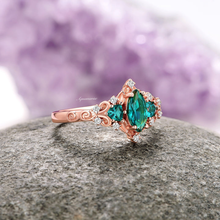 Elain Teal Sapphire Fairy Leaf Engagement Ring- 14K Solid Rose Gold