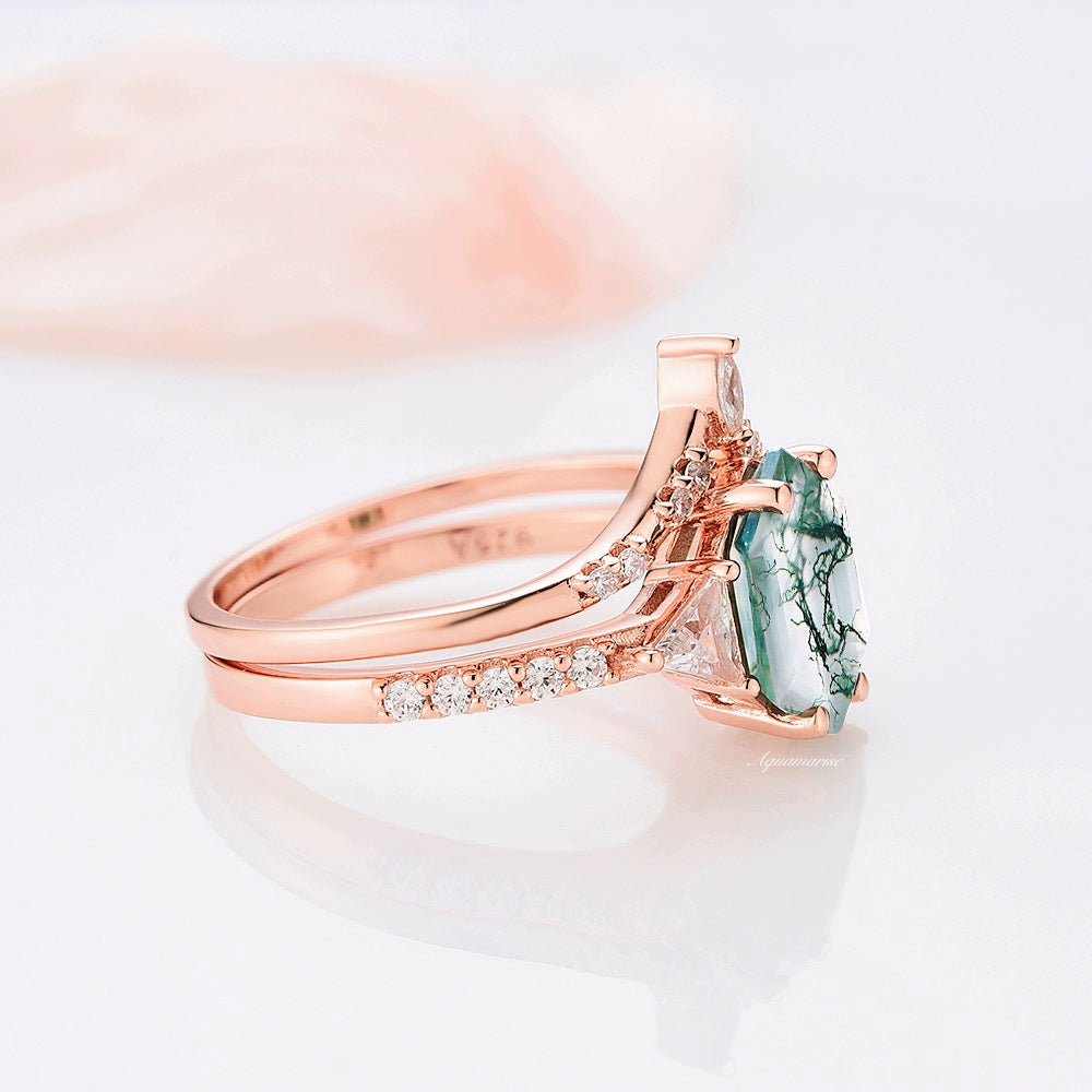 Hexagon Green Moss Agate Ring Set-14K Rose Gold Vermeil