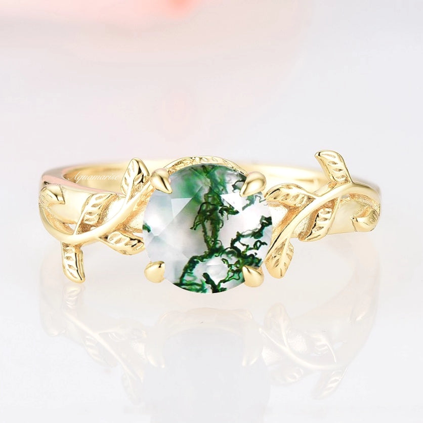 Natural Moss Agate Engagement Ring For Women Alternative Engagement Ring Nature Inspired Leaf Ring Anniversary Rings 14K Yellow Gold Vermeil