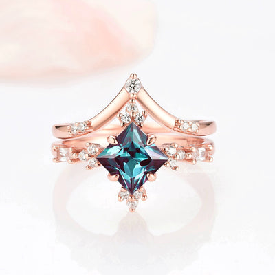 Alexandrite Ring Set For Women- 14K Rose Gold Vermeil Teal & Purple Alexandrite Unique Engagement Ring- June Birthstone Jewelry Gift For Her