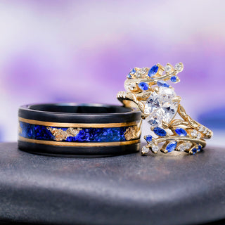 Blue Sapphire & Simulated Diamond Gold Leaf Couples Ring Set