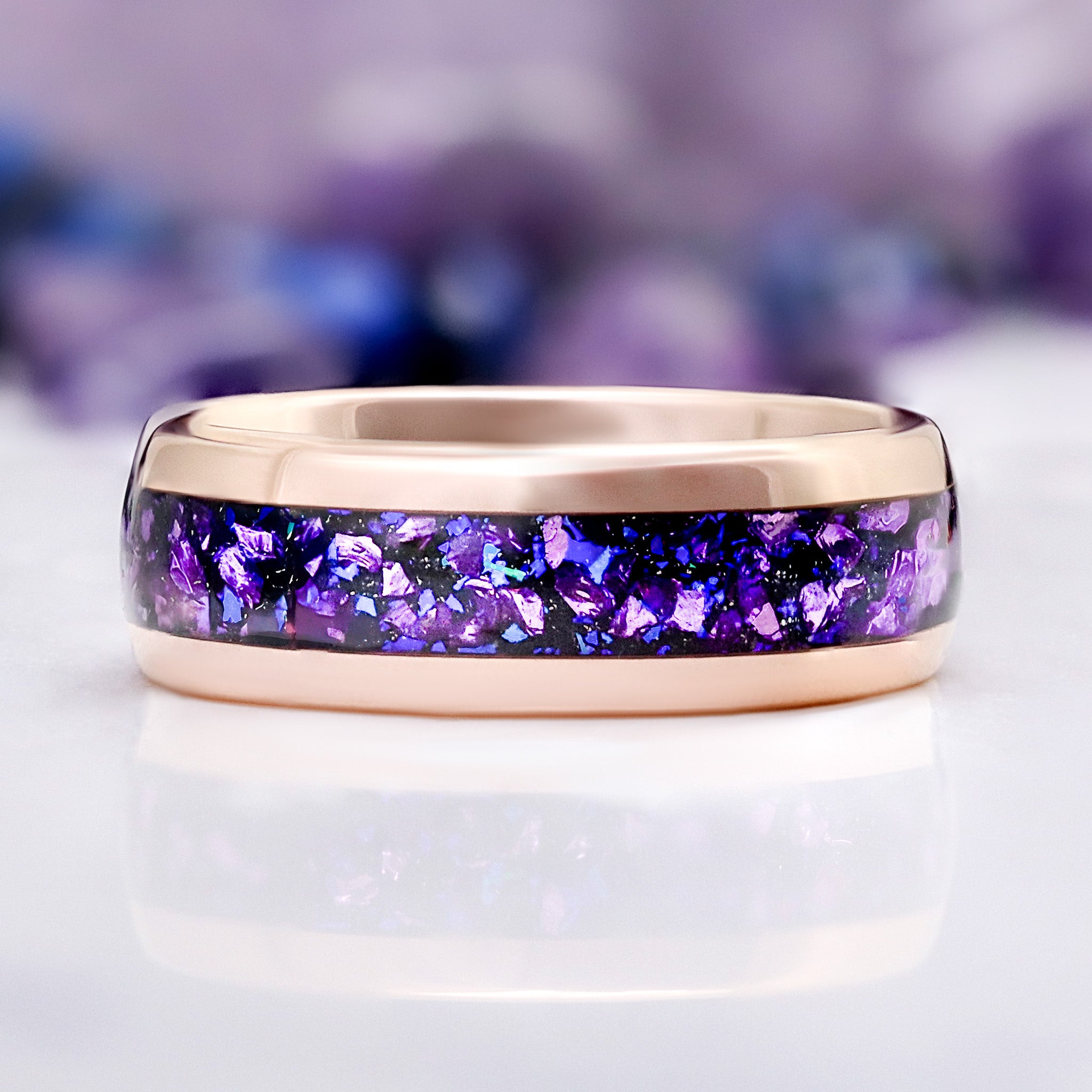 Amethyst & Galaxy Sandstone Rose Gold Tungsten Band – Aquamarise