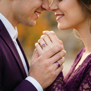 Aquamarise couples rings matching amethyst leaf wedding bands 