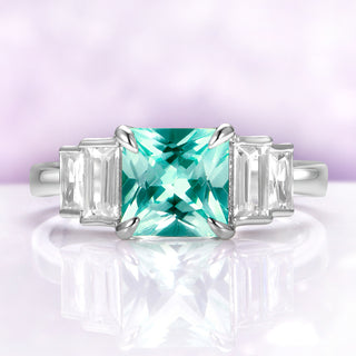 Art Deco Teal Sapphire Engagement Ring in Sterling Silver