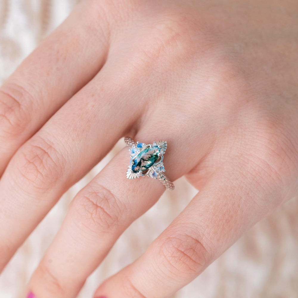 Moss agate and moonstone ring in sterling silver