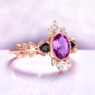 Aurelia Amethyst & Black Onyx Leaf Engagement Ring in 14K Solid Rose Gold