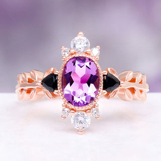 Aurelia Amethyst & Black Onyx Leaf Engagement Ring in 14K Solid Rose Gold