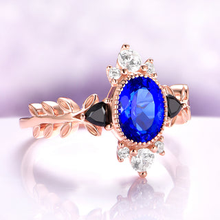 Aurelia Sapphire & Black Onyx Leaf Engagement Ring in 14K Solid Rose Gold