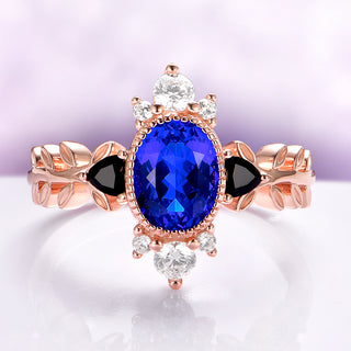 Aurelia Sapphire & Black Onyx Leaf Engagement Ring in 14K Solid Rose Gold