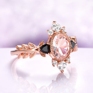 Aurelia Morganite & Black Onyx Leaf Engagement Ring in 14K Solid Rose Gold