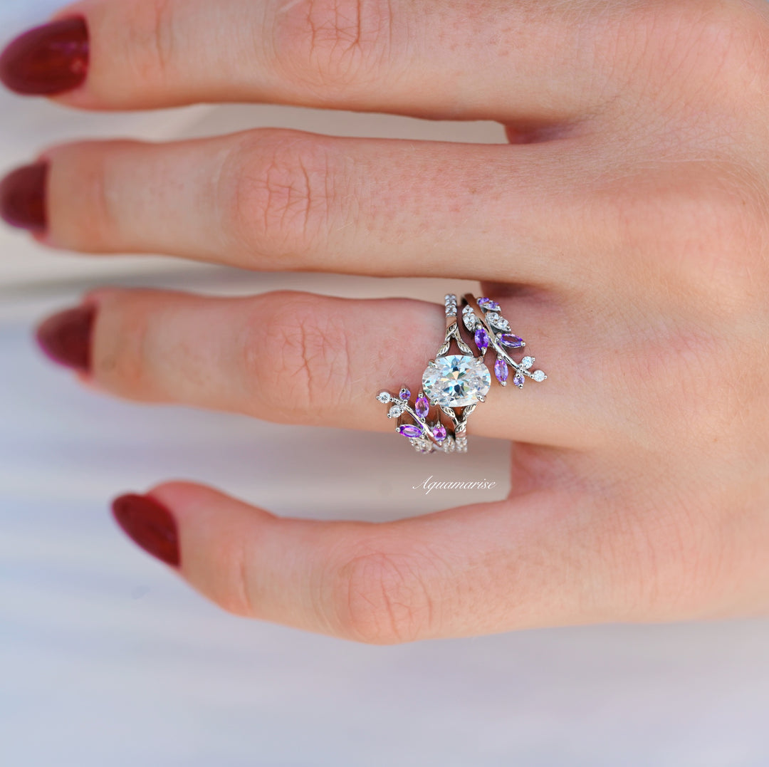 Fairy Amethyst & Diamond Engagement Leaf Ring Set- 925 Sterling Silver