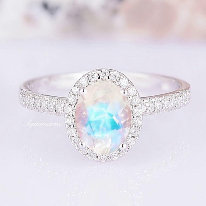 Iris Natural Rainbow Moonstone Ring- Sterling Silver