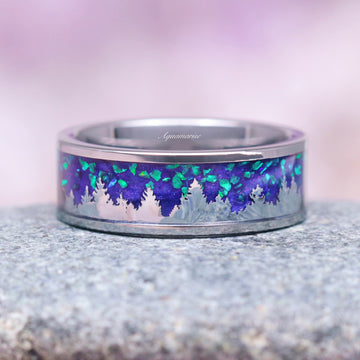 Borealis Forest Wedding Band- Northern Lights & Trees 8MM Tungsten featuring an inlaid design of luminous Northern Lights above a silhouette of forest trees, crafted by Aquamarise for men’s wedding bands and nature-inspired jewelry collections.