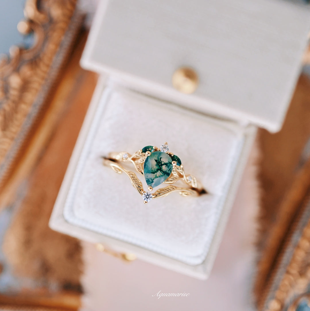 Green Moss Agate  Feather Engagement Ring- 14K Yellow Gold Vermeil