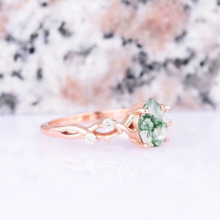 Green Moss Agate Leaf Ring- 14K Rose Gold Vermeil