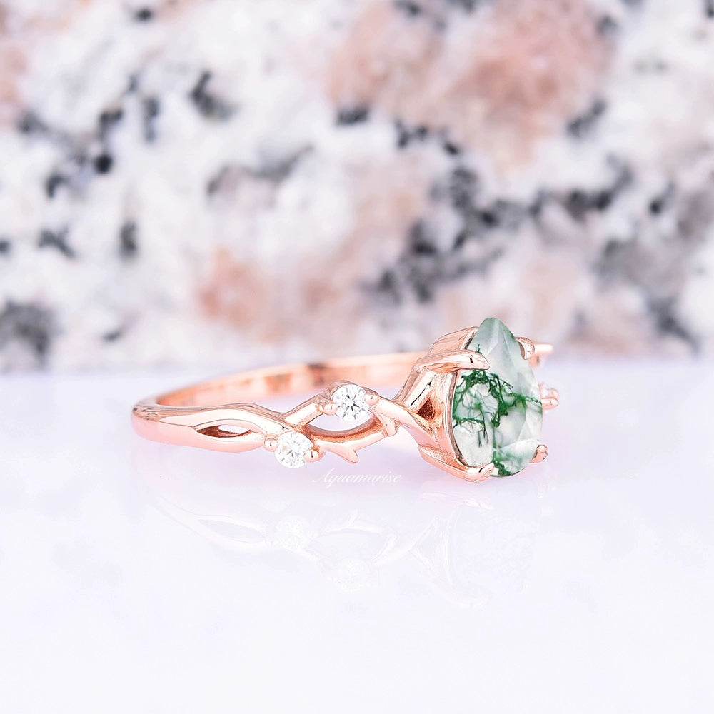 Green Moss Agate Leaf Ring- 14K Rose Gold Vermeil Natural Pear Agate Engagement Ring For Women- Unique Promise Ring Anniversary Gift For Her