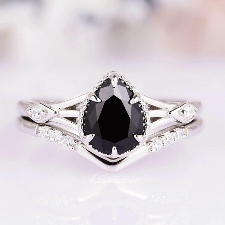 Celtic Black Onyx Ring Set- 14K White Gold