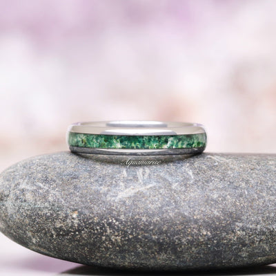 Green Moss Agate Wedding Band- Natural Crushed Agate Silver Tungsten 4 mm Wedding Band Polished- Dome- Comfort Fit Ring- Gift For Him/Her