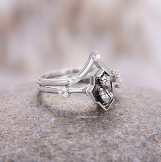 Hexagon Coffin Rutilated Quartz Engagement Ring Set in Sterling Silver