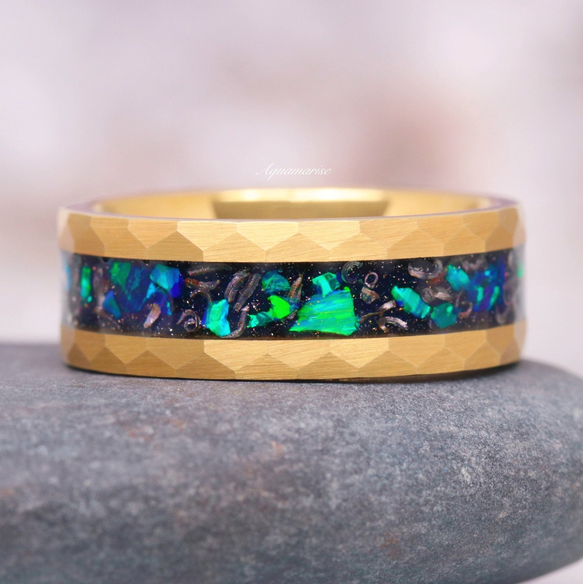 Fire Opal, Meteorite Starry Night Wedding Band- 8MM Gold