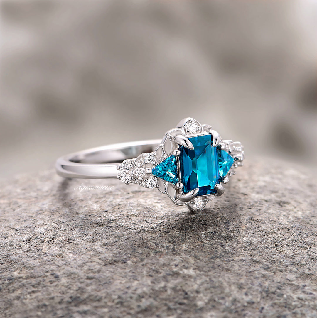 Natural London Blue Topaz Leaf Ring- Sterling Silver